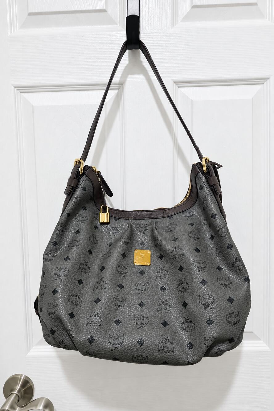 MCM Visetos Hobo Phantom Grey Monogram Pleated Shoulder Bag Gold Hardware